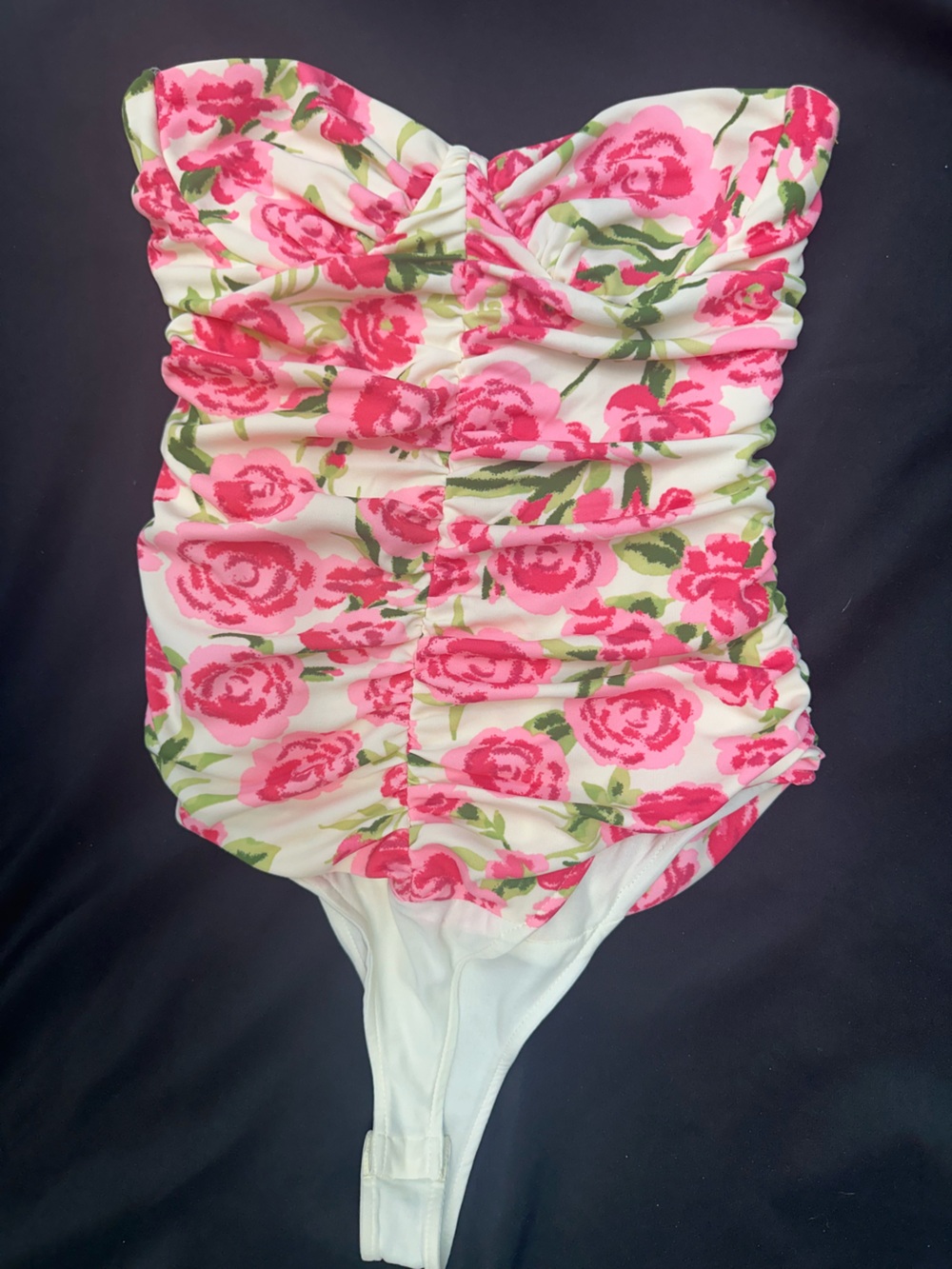Zara Floral Cream Pink and Green Ruched Strapless Bodysuit S